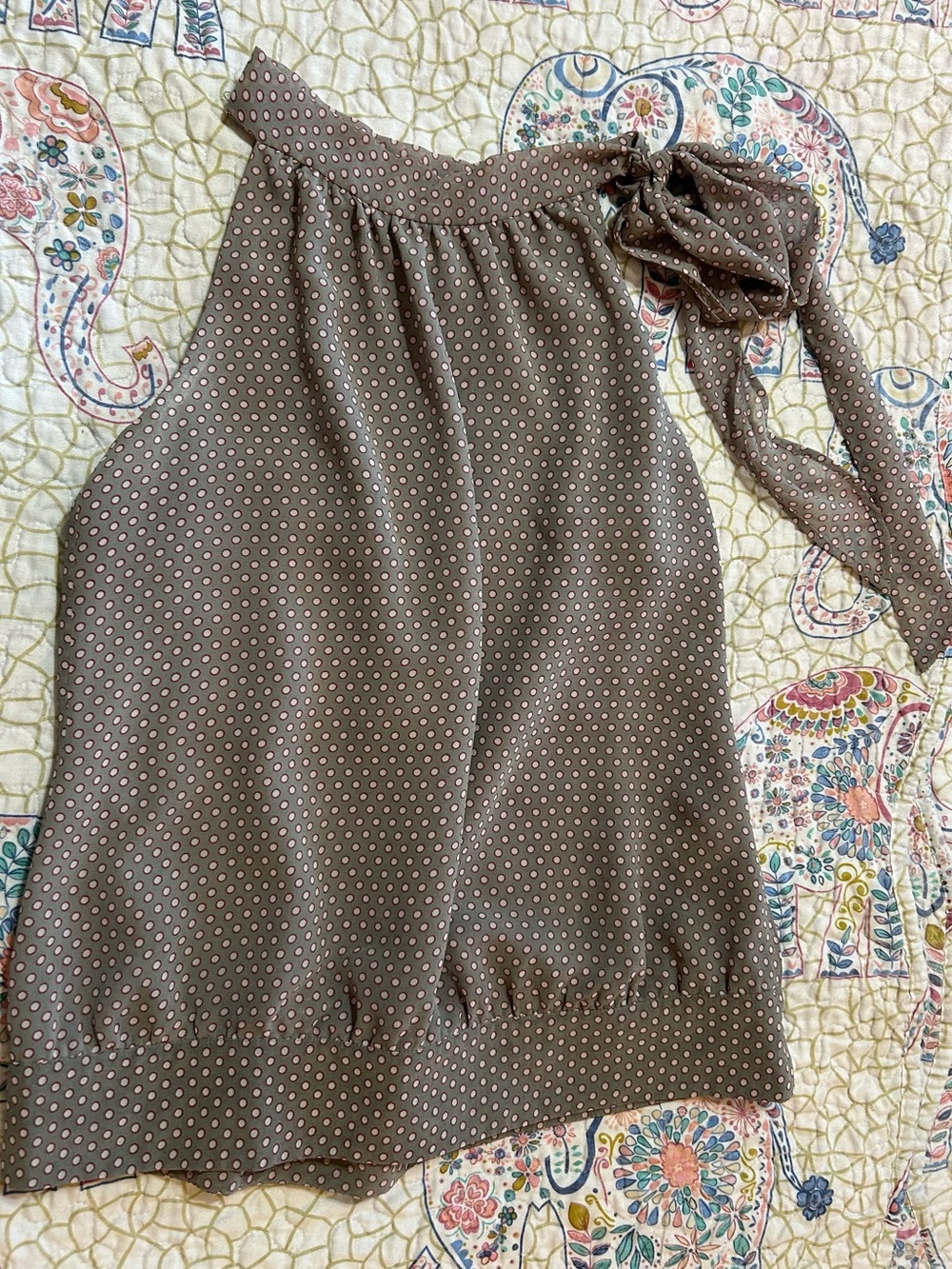 Banana Republic Petite Taupe Blouse with Pink Dot Print